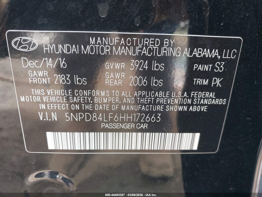 VIN 5NPD84LF6HH172663 2017 HYUNDAI ELANTRA SE