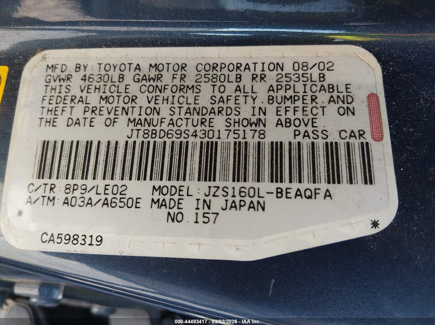 2003 Lexus Gs 300 VIN: JT8BD69S430175178 Lot: 44493417