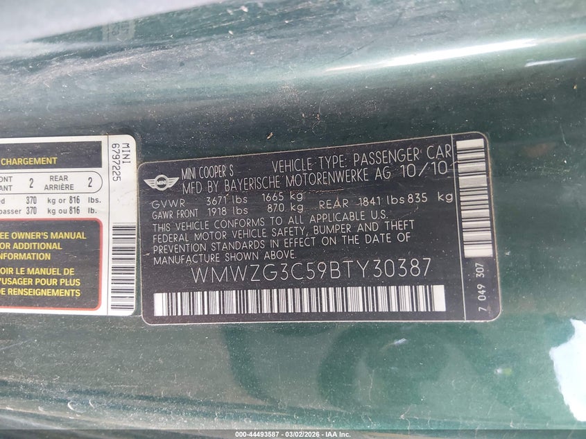 2011 Mini Cooper S Clubman VIN: WMWZG3C59BTY30387 Lot: 44493587