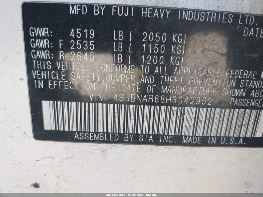 2017 Subaru Legacy 2.5I Sport VIN: 4S3BNAR68H3042952 Lot: 44493697