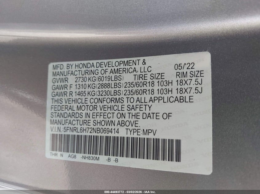 VIN 5FNRL6H72NB069414 2022 HONDA ODYSSEY EX-L