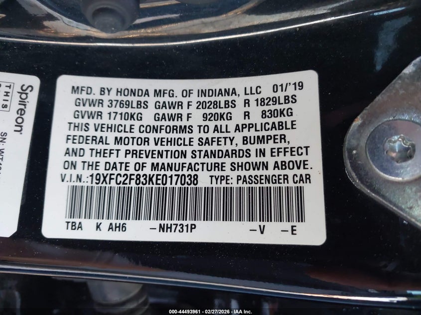 2019 Honda Civic 2.0 Sport black Lot 111044493961 Vin 19XFC2F83KE017038