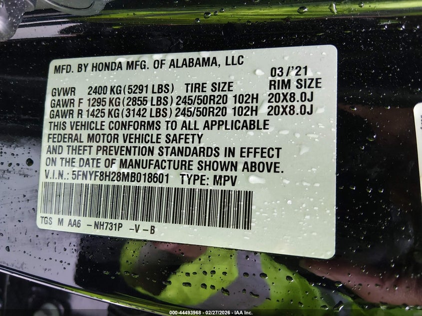2021 Honda Passport Awd Sport VIN: 5FNYF8H28MB018601 Lot: 44493968