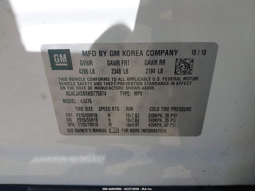 2019 Buick Encore Fwd Preferred VIN: KL4CJASBXKB775874 Lot: 44493990