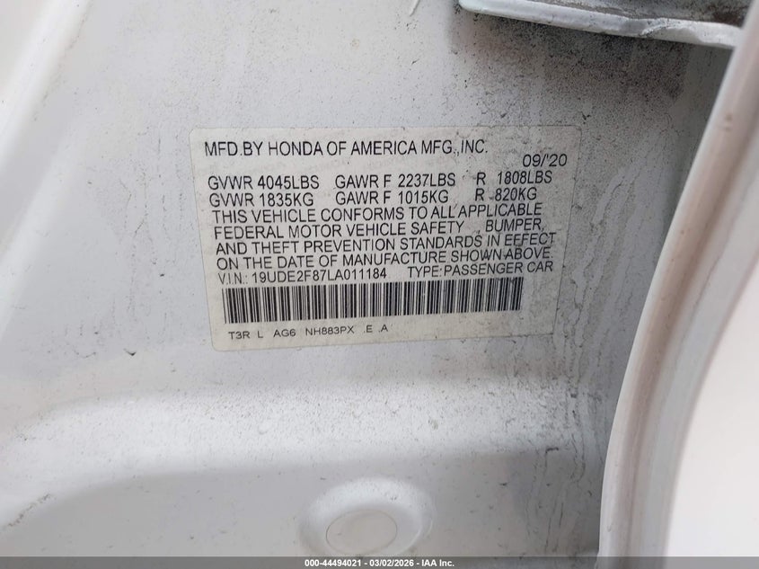 2020 Acura Ilx Premium A-Spec Packages/Technology A-Spec Packages VIN: 19UDE2F87LA011184 Lot: 44494021