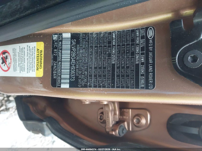 2014 Land Rover Range Rover Evoque Pure VIN: SALVP2BG4EH936373 Lot: 44494374