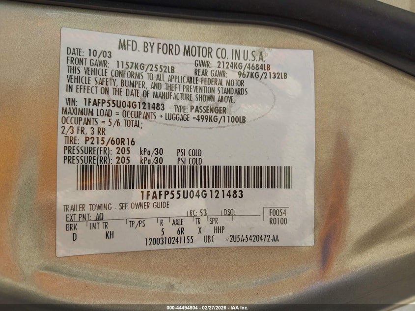 2004 Ford Taurus Ses VIN: 1FAFP55U04G121483 Lot: 44494804