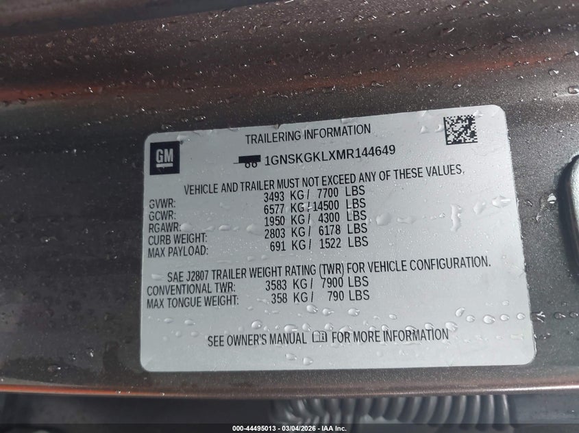 2021 Chevrolet Suburban 4Wd High Country VIN: 1GNSKGKLXMR144649 Lot: 44495013