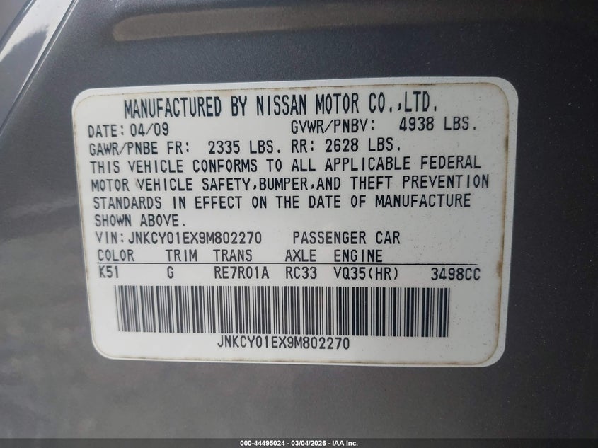 2009 Infiniti M35 VIN: JNKCY01EX9M802270 Lot: 44495024