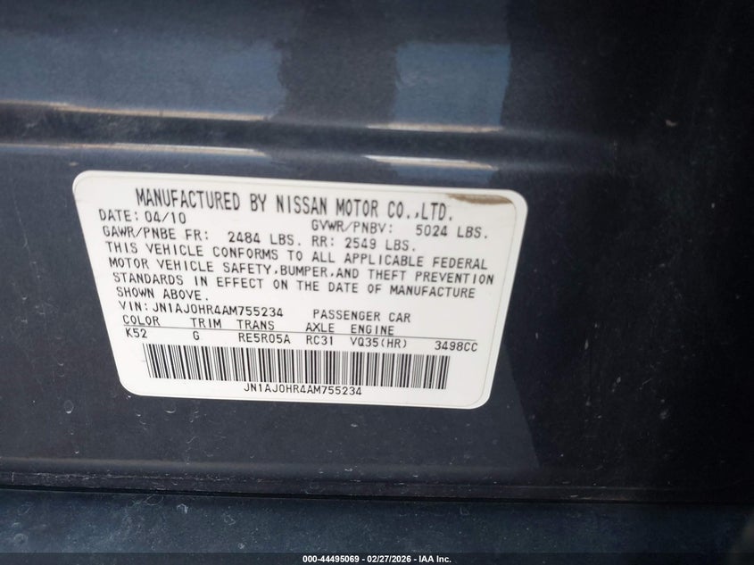 2010 Infiniti Ex35 Journey VIN: JN1AJ0HR4AM755234 Lot: 44495069