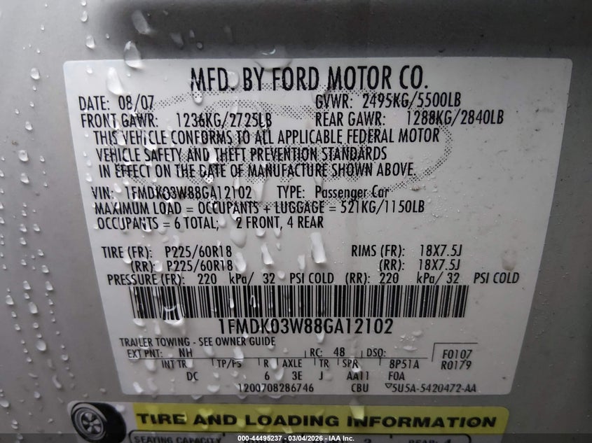 2008 Ford Taurus X Limited VIN: 1FMDK03W88GA12102 Lot: 44495237