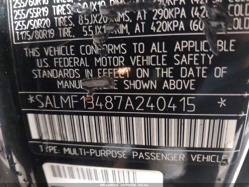 2007 Land Rover Range Rover Supercharged VIN: SALMF13487A240415 Lot: 44495352