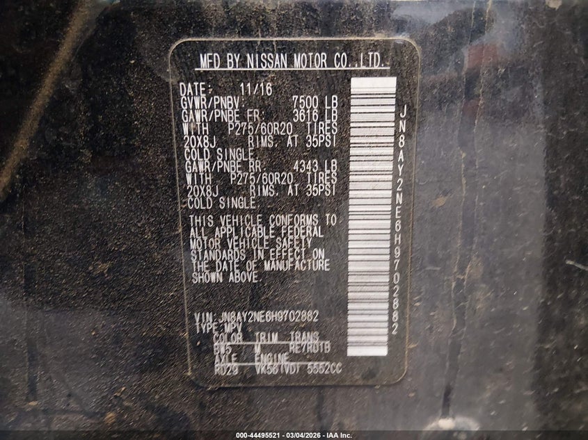 2017 Nissan Armada Platinum VIN: JN8AY2NE6H9702882 Lot: 44495521