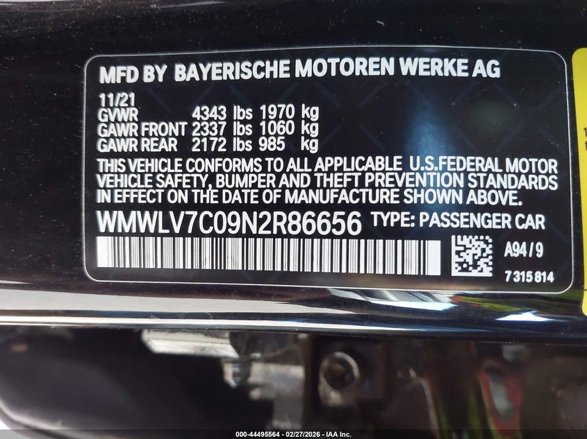2022 Mini Clubman Cooper S VIN: WMWLV7C09N2R86656 Lot: 44495564