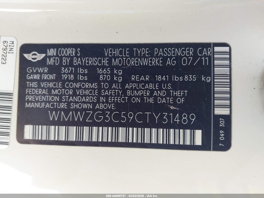 2012 Mini Cooper S Clubman VIN: WMWZG3C59CTY31489 Lot: 44495757