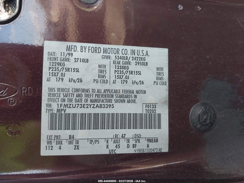 2000 Ford Explorer Xlt VIN: 1FMZU73E2YZA83395 Lot: 44495800