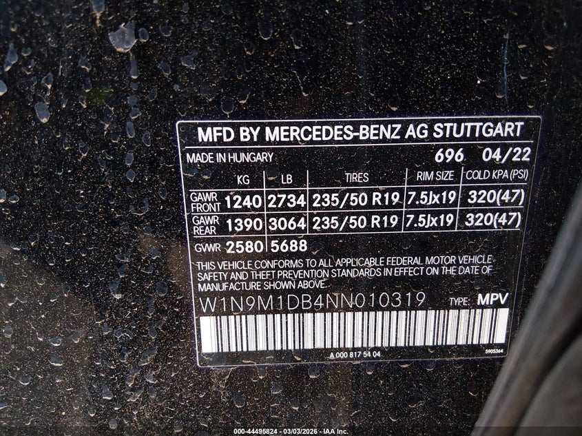 2022 Mercedes-Benz Eqb 350 Suv 4Matic VIN: W1N9M1DB4NN010319 Lot: 44495824