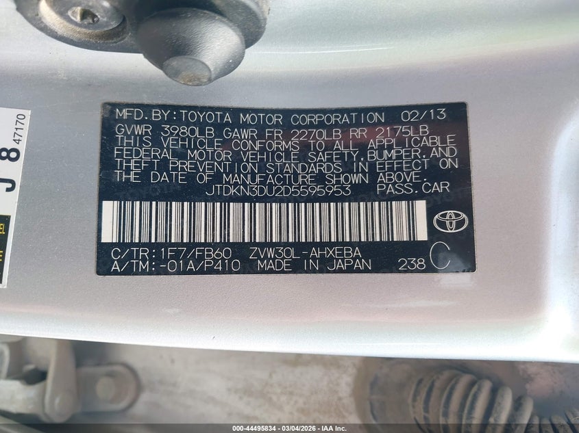 2013 Toyota Prius Two VIN: JTDKN3DU2D5595953 Lot: 44495834