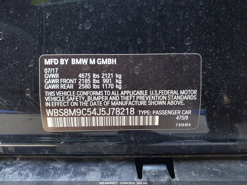 2018 BMW M3 Cs VIN: WBS8M9C54J5J78218 Lot: 44495917