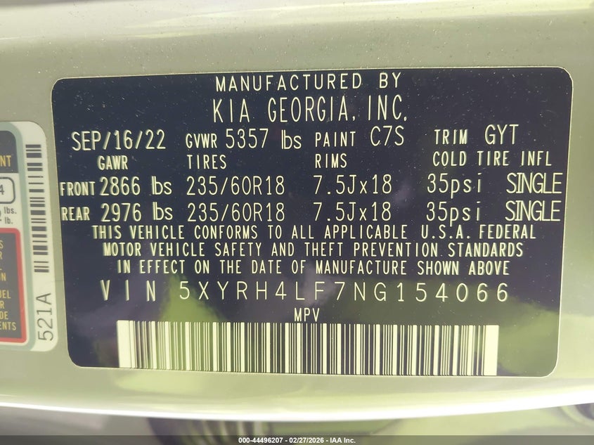 2022 Kia Sorento Ex VIN: 5XYRH4LF7NG154066 Lot: 44496207