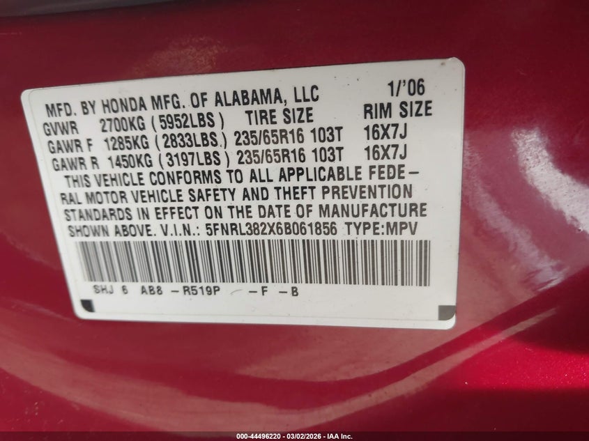 2006 Honda Odyssey Lx VIN: 5FNRL382X6B061856 Lot: 44496220