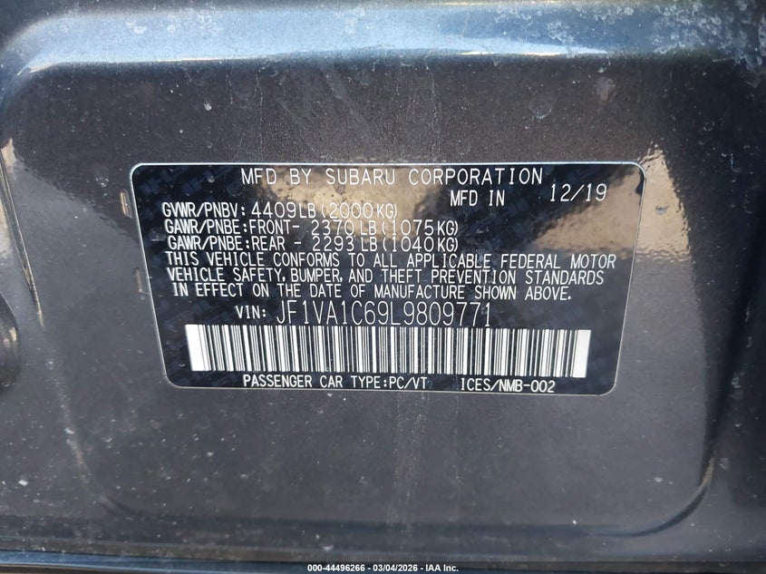 2020 Subaru Wrx Premium VIN: JF1VA1C69L9809771 Lot: 44496266