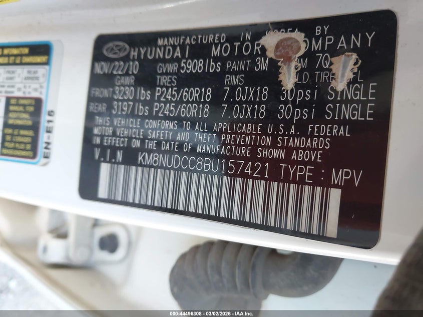 2011 Hyundai Veracruz Limited VIN: KM8NUDCC8BU157421 Lot: 44496308