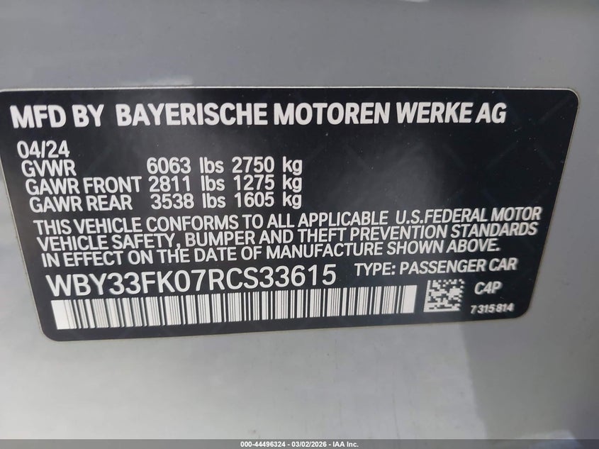 2024 BMW I5 Edrive40 VIN: WBY33FK07RCS33615 Lot: 44496324