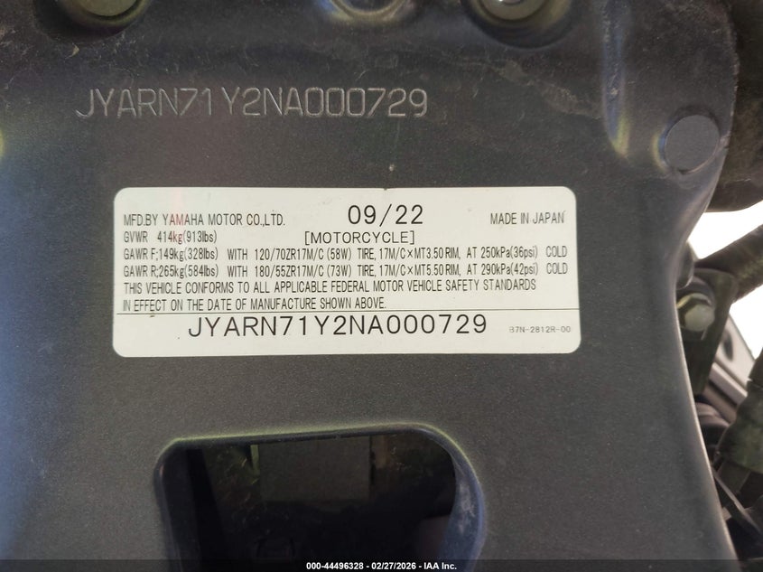 2022 Yamaha Mt09 C VIN: JYARN71Y2NA000729 Lot: 44496328