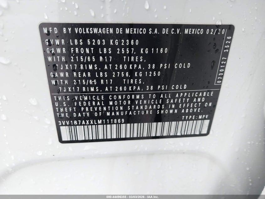 2020 Volkswagen Tiguan 2.0T S VIN: 3VV1B7AXXLM111869 Lot: 44496355