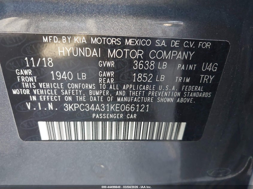 2019 Hyundai Accent Limited VIN: 3KPC34A31KE066121 Lot: 44496648