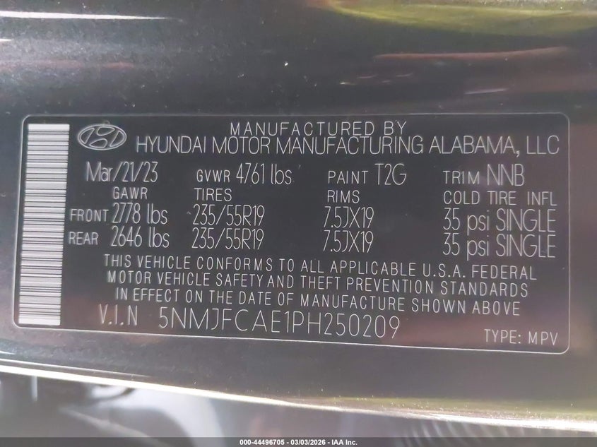 2023 HYUNDAI TUCSON 2.5L I-4 DI, DOHC, V(VIN: 5NMJFCAE1PH250209