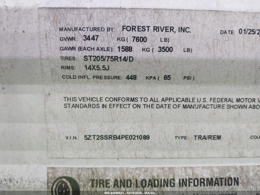 VIN: 5ZT2SSRB4PE021089 2023 FOREST RIVER TRAVEL TRLR