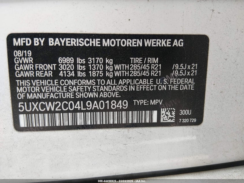2020 BMW X7 xDrive40I VIN: 5UXCW2C04L9A01849 Lot: 44496925