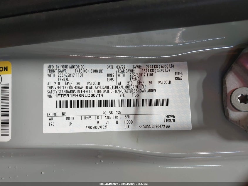 VIN 1FTER1FH8NLD00714 2022 FORD RANGER XLT