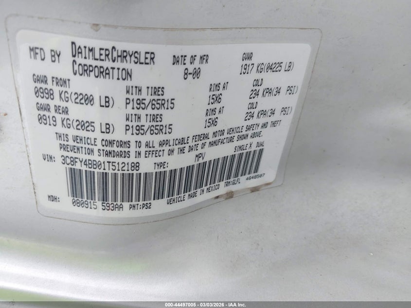2001 Chrysler Pt Cruiser VIN: 3C8FY4BBO1T512188 Lot: 44497005