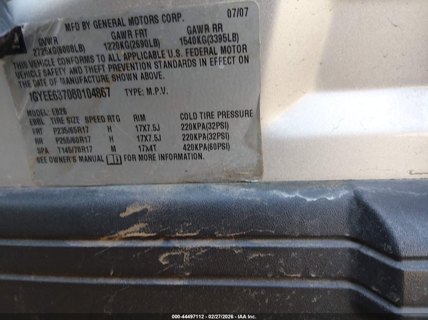 2008 Cadillac Srx V6 VIN: 1GYEE637080104867 Lot: 44497112