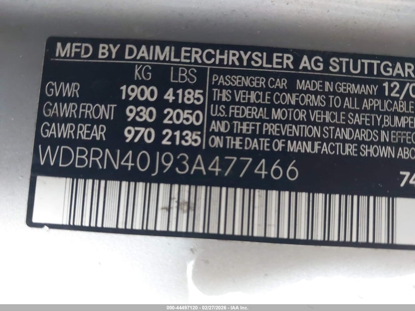 2003 Mercedes-Benz C 230 Kompressor Sport VIN: WDBRN40J93A477466 Lot: 44497120