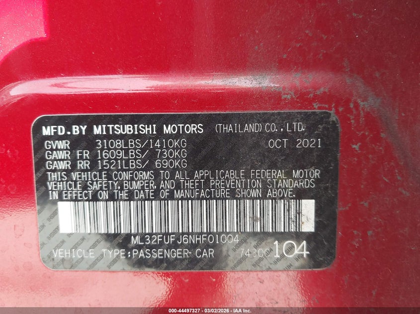 2022 Mitsubishi Mirage G4 Black Edition/Es/Le VIN: ML32FUFJ6NHF01004 Lot: 44497327