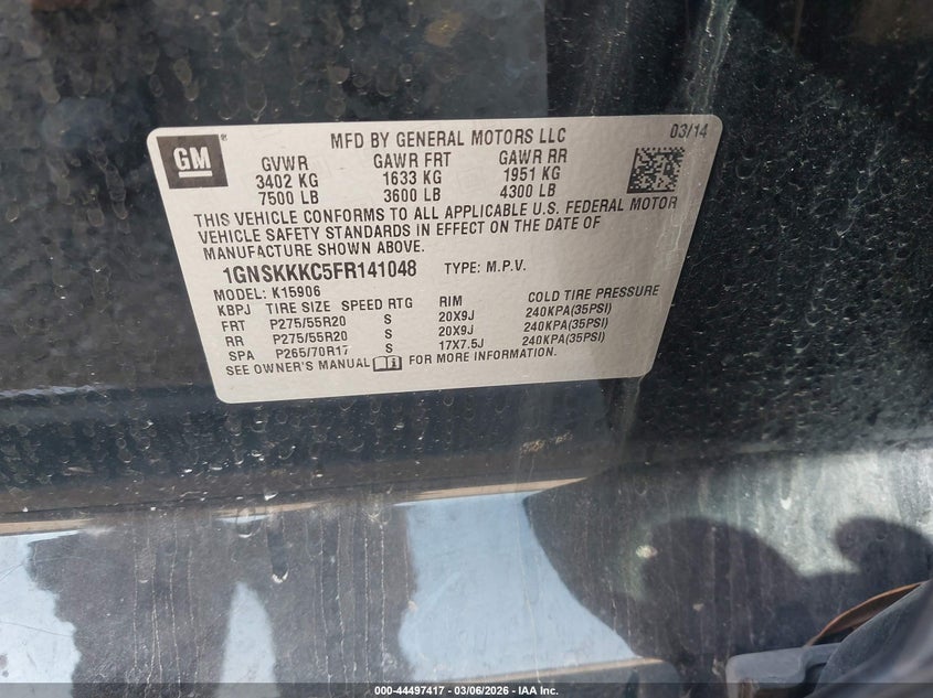 2015 Chevrolet Suburban 1500 Ltz VIN: 1GNSKKKC5FR141048 Lot: 44497417