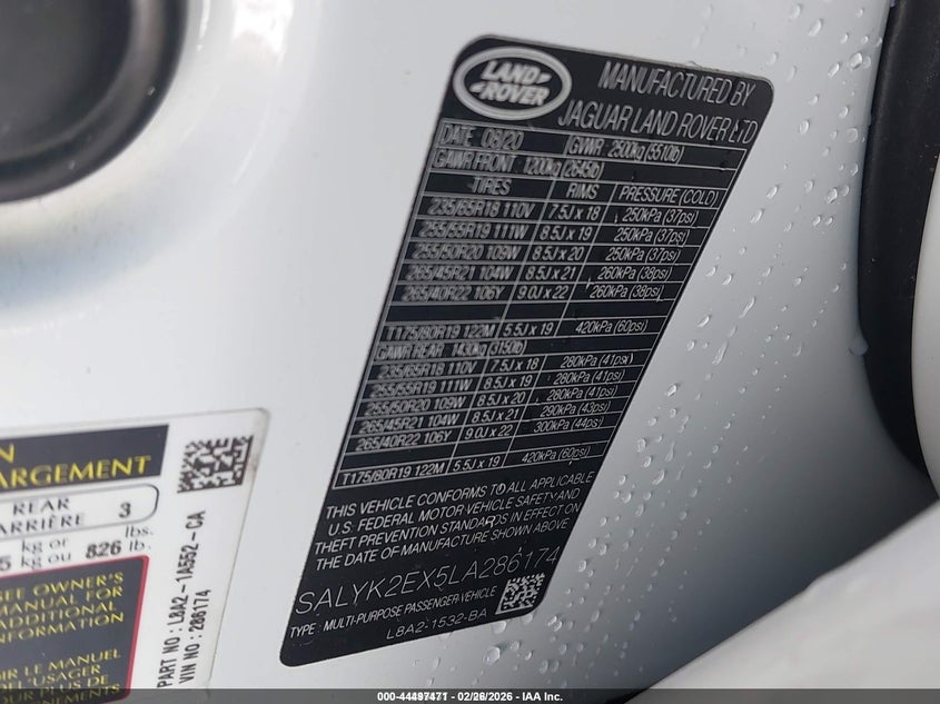 2020 Land Rover Range Rover Velar P250 R-Dynamic S VIN: SALYK2EX5LA286174 Lot: 44497471