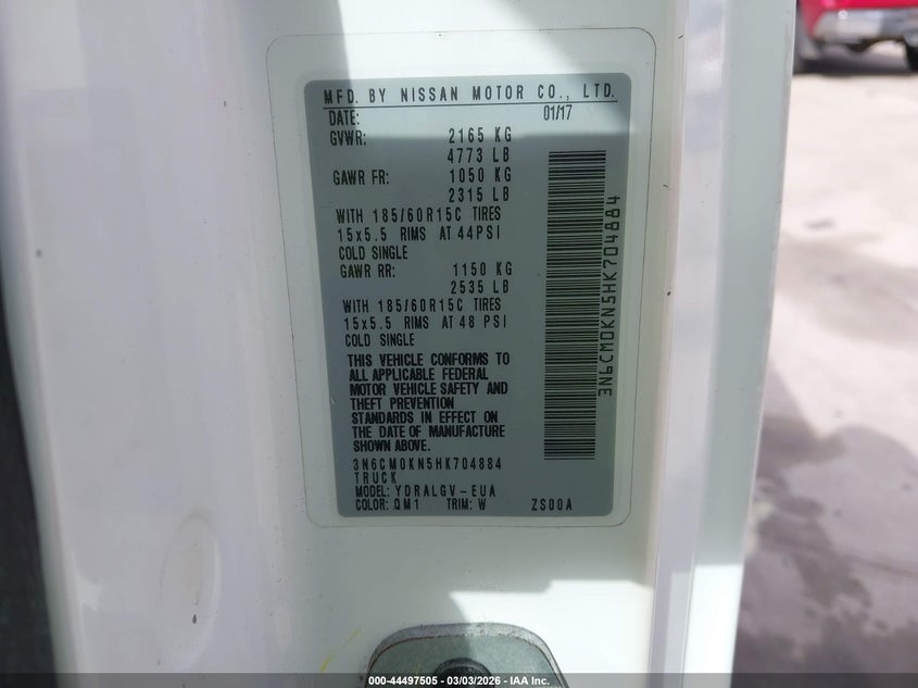 2017 Nissan Nv200 Sv VIN: 3N6CM0KN5HK704884 Lot: 44497505