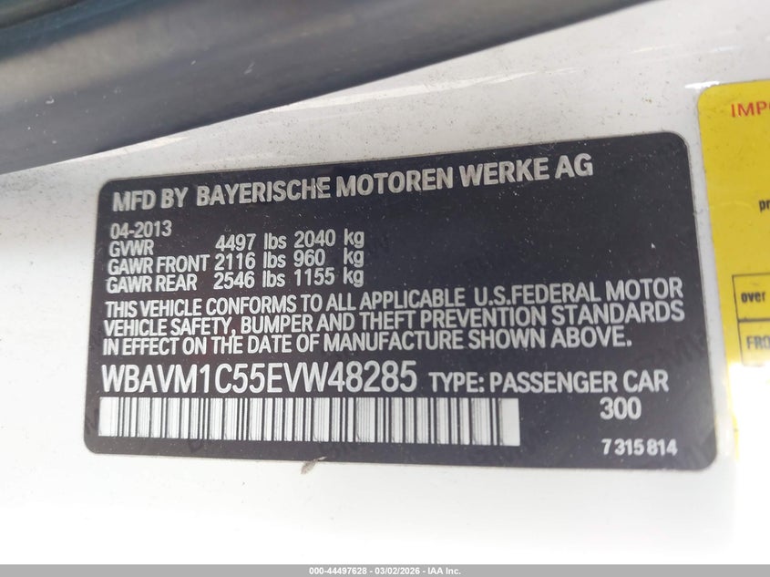 2014 BMW X1 Sdrive28I VIN: WBAVM1C55EVW48285 Lot: 44497628