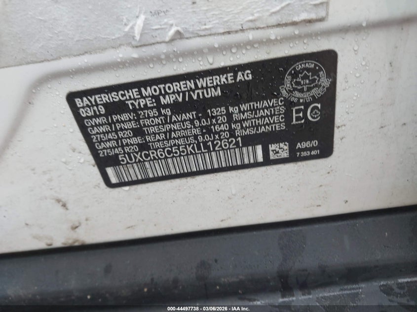 2019 BMW X5 xDrive40I VIN: 5UXCR6C55KLL12621 Lot: 44497738