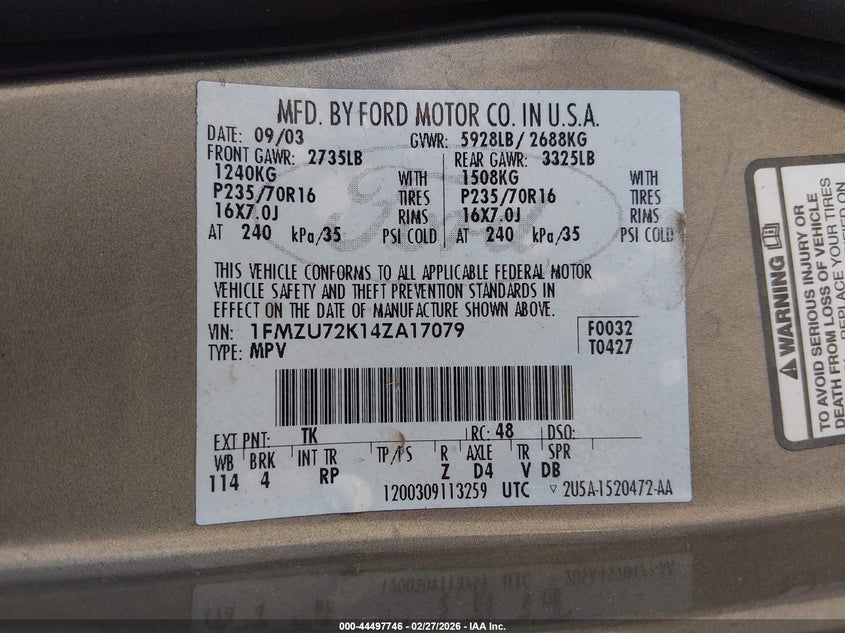 2004 Ford Explorer Xls VIN: 1FMZU72K14ZA17079 Lot: 44497746