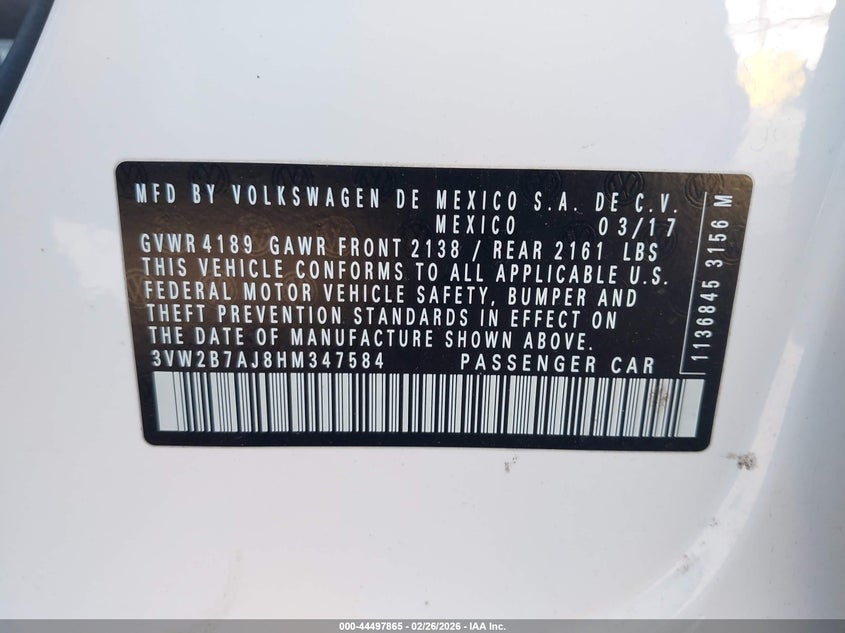 2017 Volkswagen Jetta 1.4 1.4T S white Lot 111044497865 Vin 3VW2B7AJ8HM347584