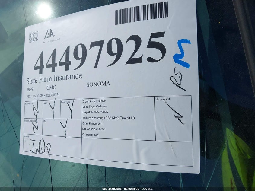 1999 GMC Sonoma Sls VIN: 1GTCS19X4X8516774 Lot: 44497925