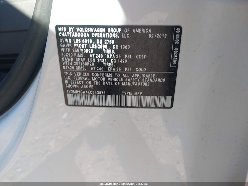 VOLKSWAGEN ATLAS 2019 VIN 1V2MR2CA4KC543875