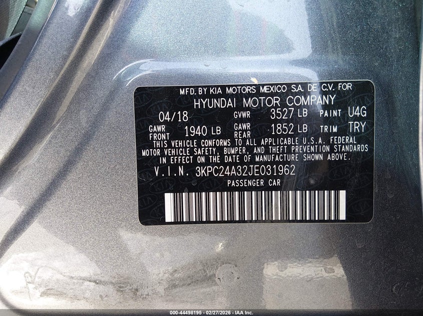 2018 Hyundai Accent 1.6 Se grey Lot 111044498195 Vin 3KPC24A32JE031962