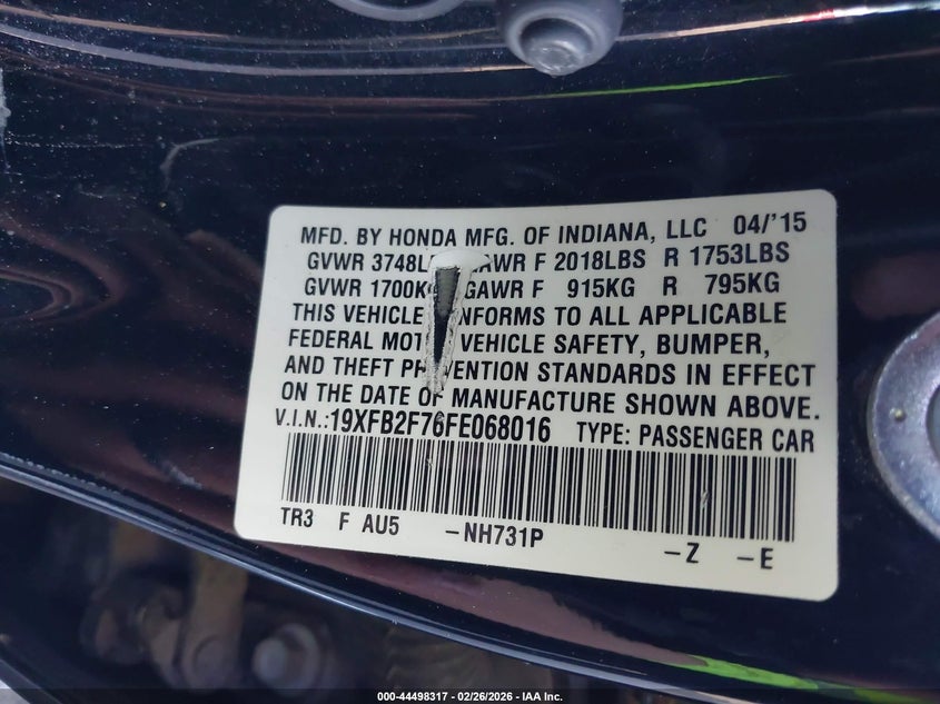 19XFB2F76FE068016 2015 Honda Civic 1.8 Se black